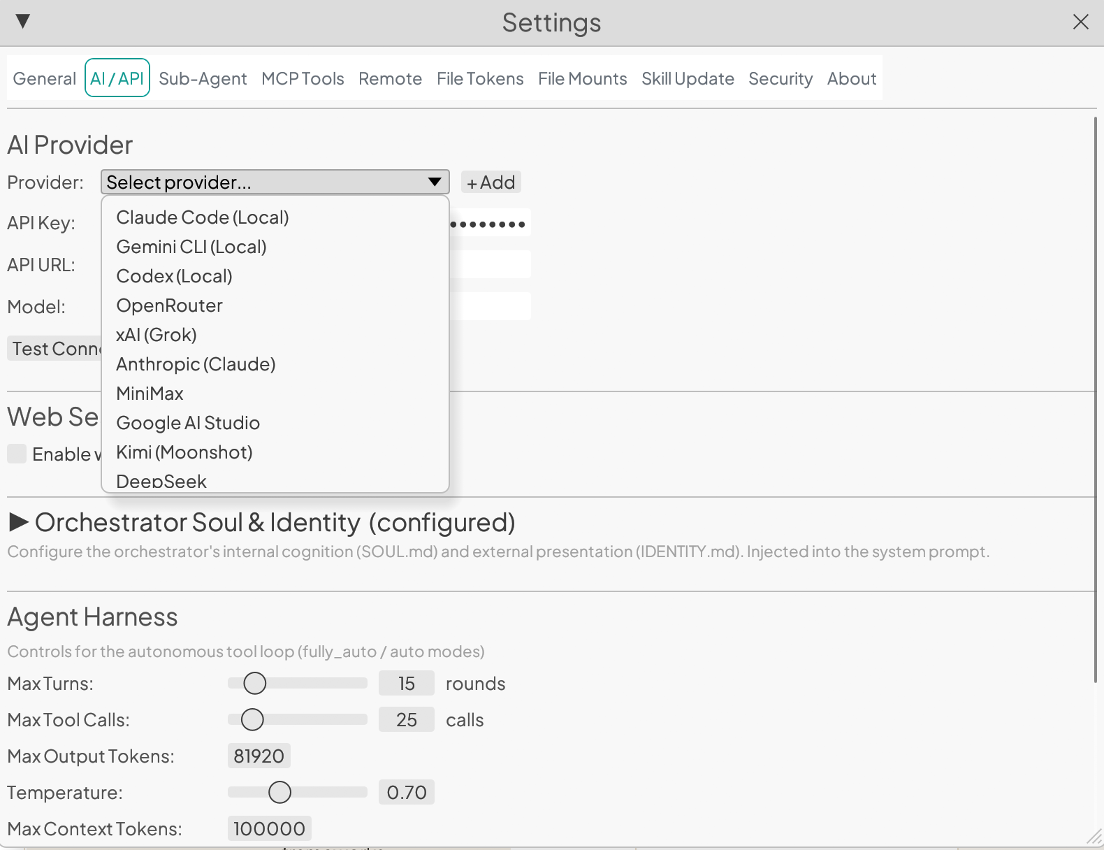 AI provider settings